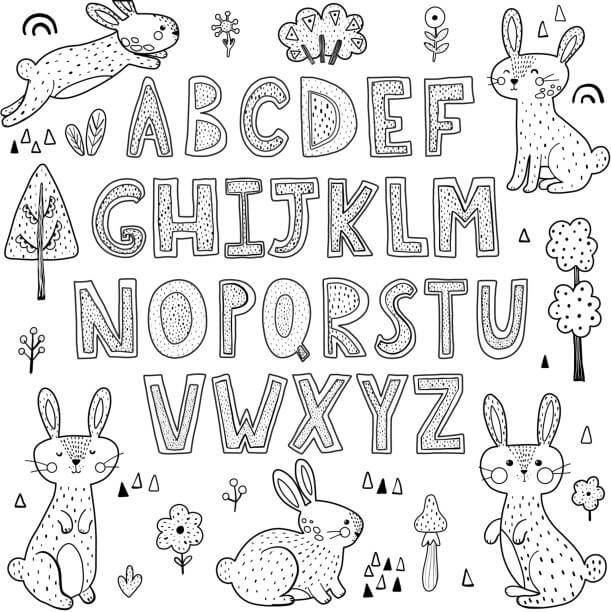 Desenhos de Alfabeto A a Z e os Coelhinhos para colorir