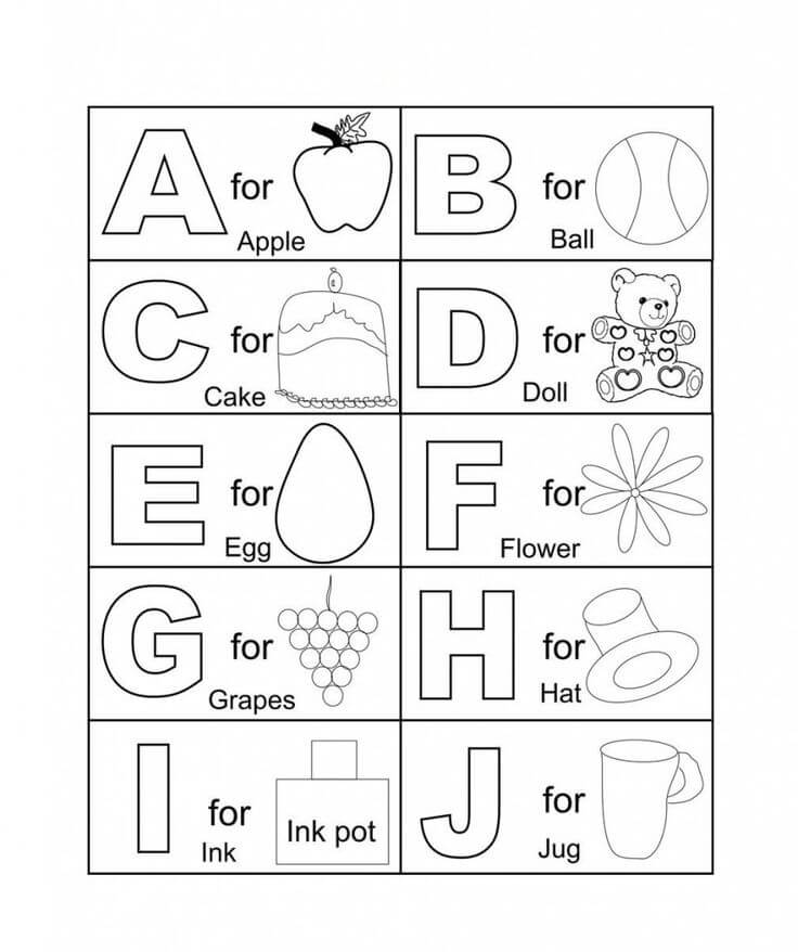 Alfabetos A a J para colorir
