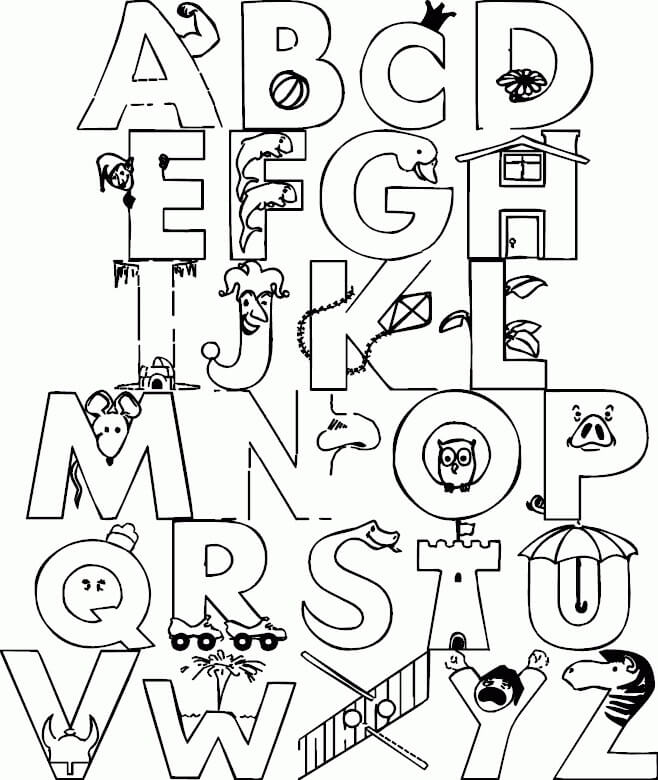 Desenhos de Alfabetos fofos de A a Z para colorir