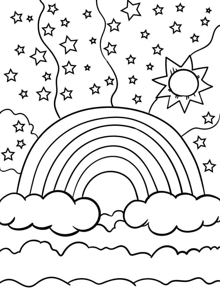 Desenhos de Arco-íris com sol e Estrelas para colorir