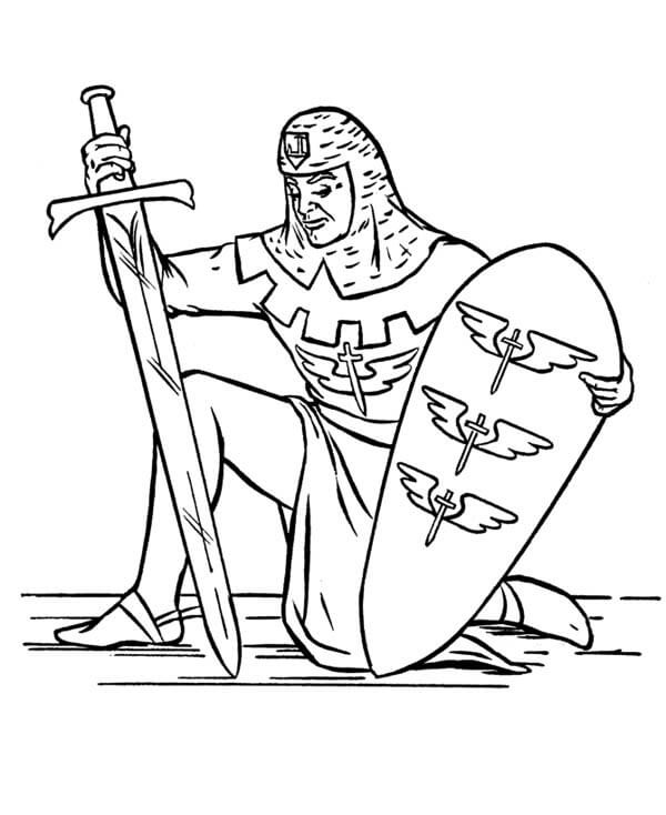 Bom Cavaleiro segurando Espada e Escudo para colorir
