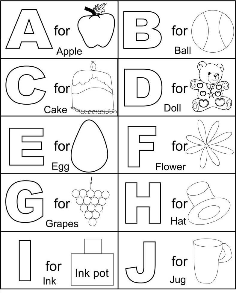 Grandes alfabetos A a J para colorir