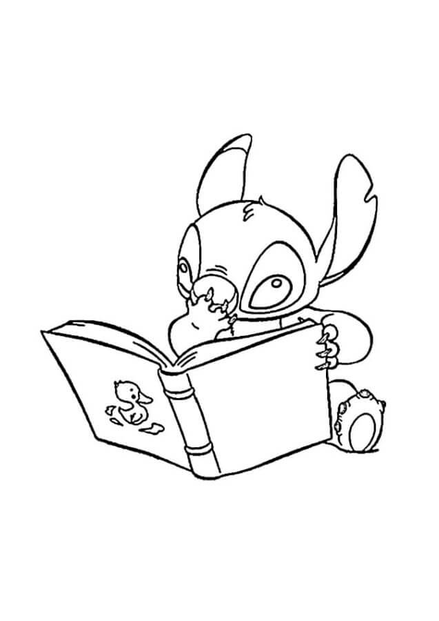 Stitch lendo livro para colorir