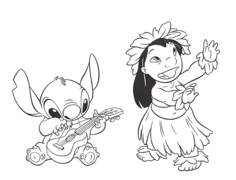 Stitch toca violão com Lilo dançando para colorir