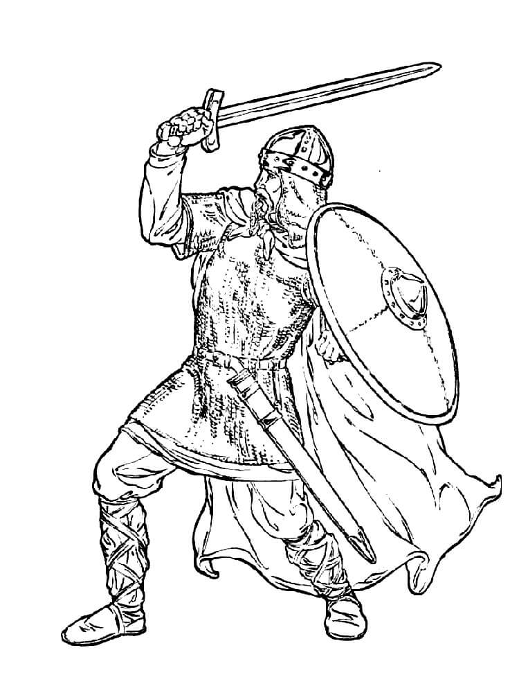 Desenhos de Velho Cavaleiro Segurando Ataque de Espada e Escudo para colorir