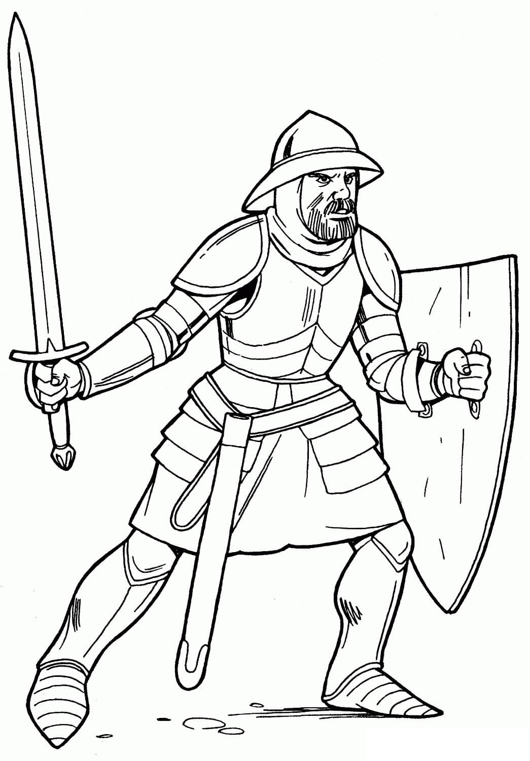 Velho Cavaleiro segurando Espada e Escudo para colorir