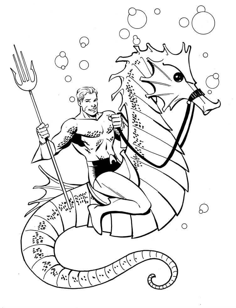 Desenhos de Aquaman cavalgando Cavalo Marinho para colorir