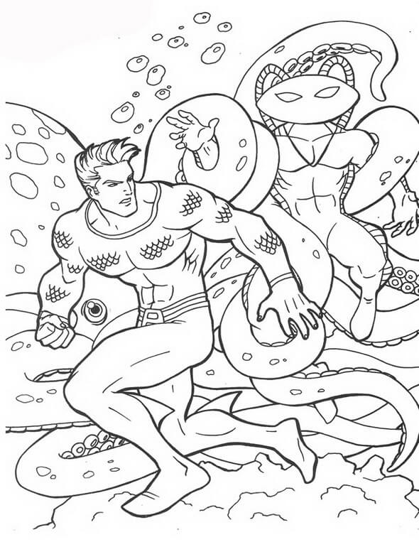 Aquaman com polvo Lutando Contra o Arraia Negra para colorir