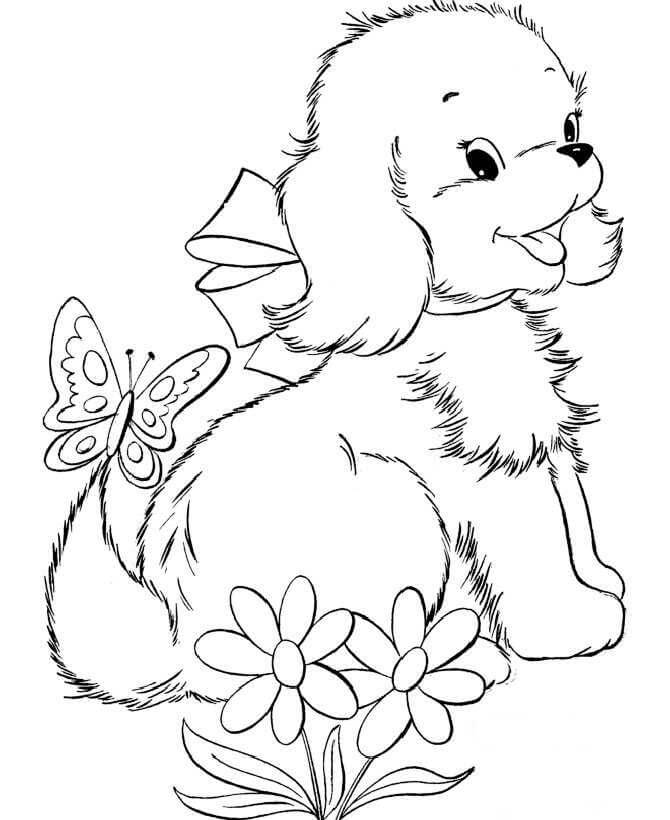 Desenhos de Cachorrinho com Flor e Borboleta para colorir