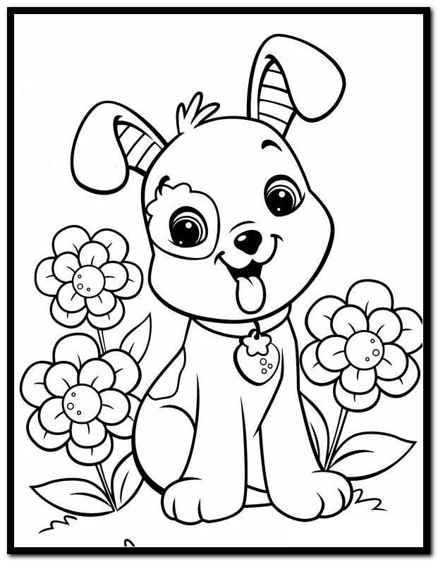 Desenhos de Cachorro Sentado e Flores para colorir
