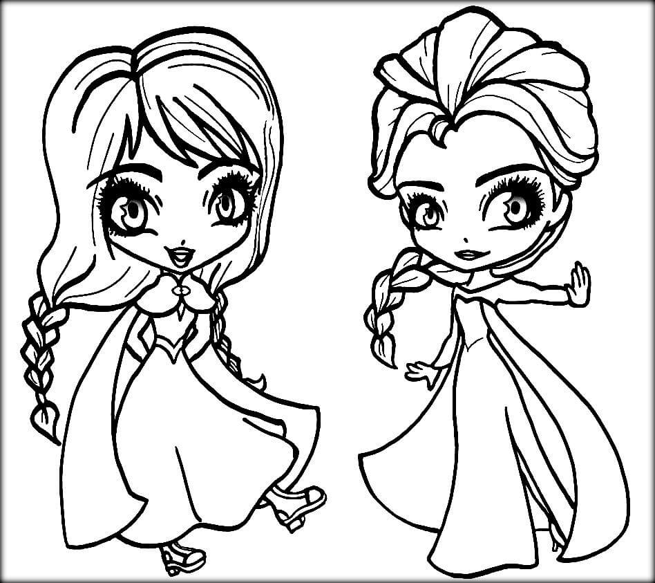 Desenhos de Chibi Anna e Elsa para colorir