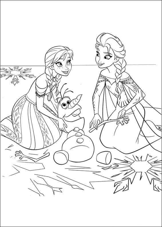 Elsa e Anna com Olaf em Frozen para colorir