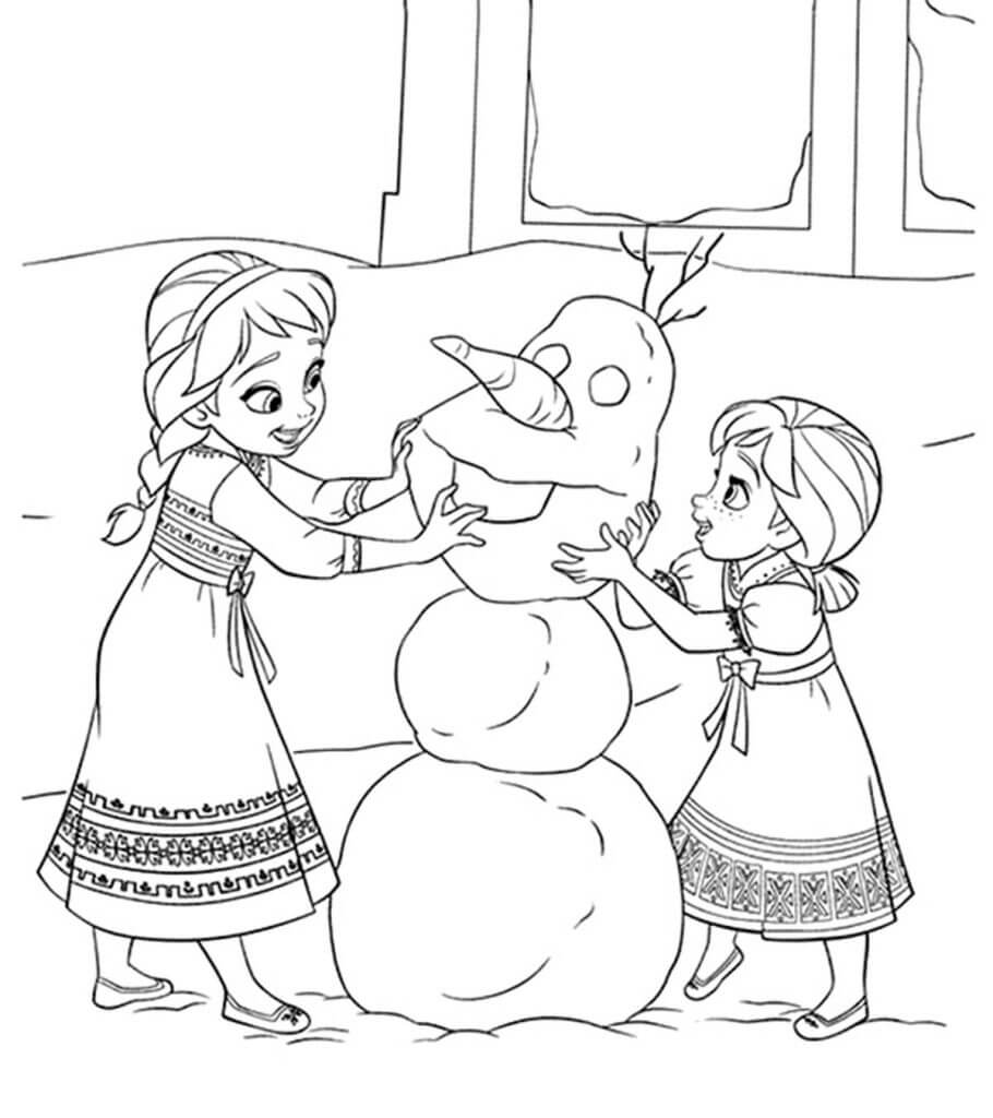 Elsa e Anna Fazem Bonecos de neve em Frozen para colorir