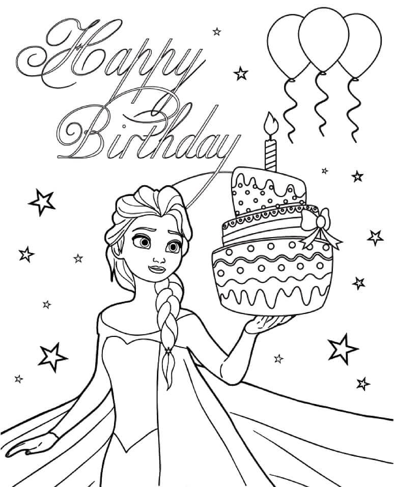 Desenhos de Elsa Segurando o bolo de Aniversário para colorir