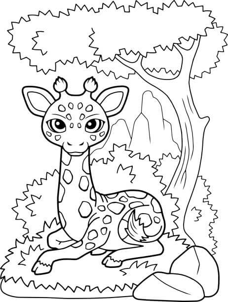 Desenhos de Girafa Sentada na Pilha de Grama para colorir