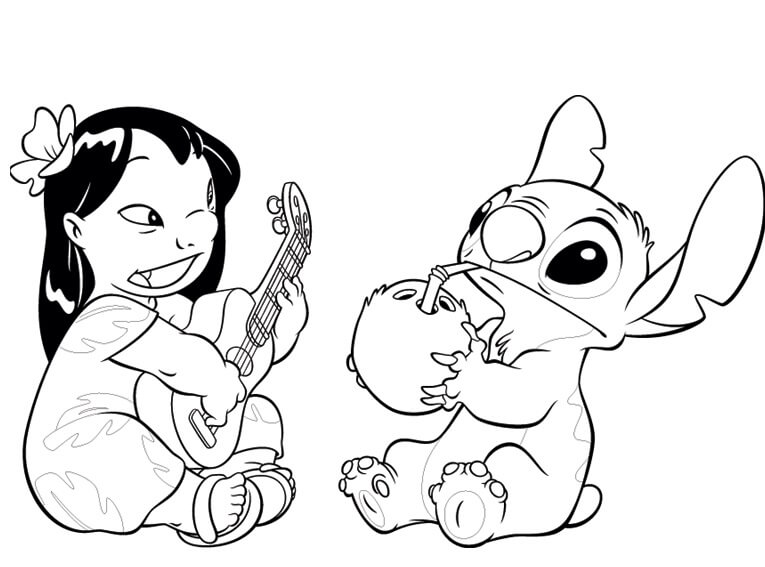 Lilo tocando Violão e Stitch Bebendo água de Coco para colorir