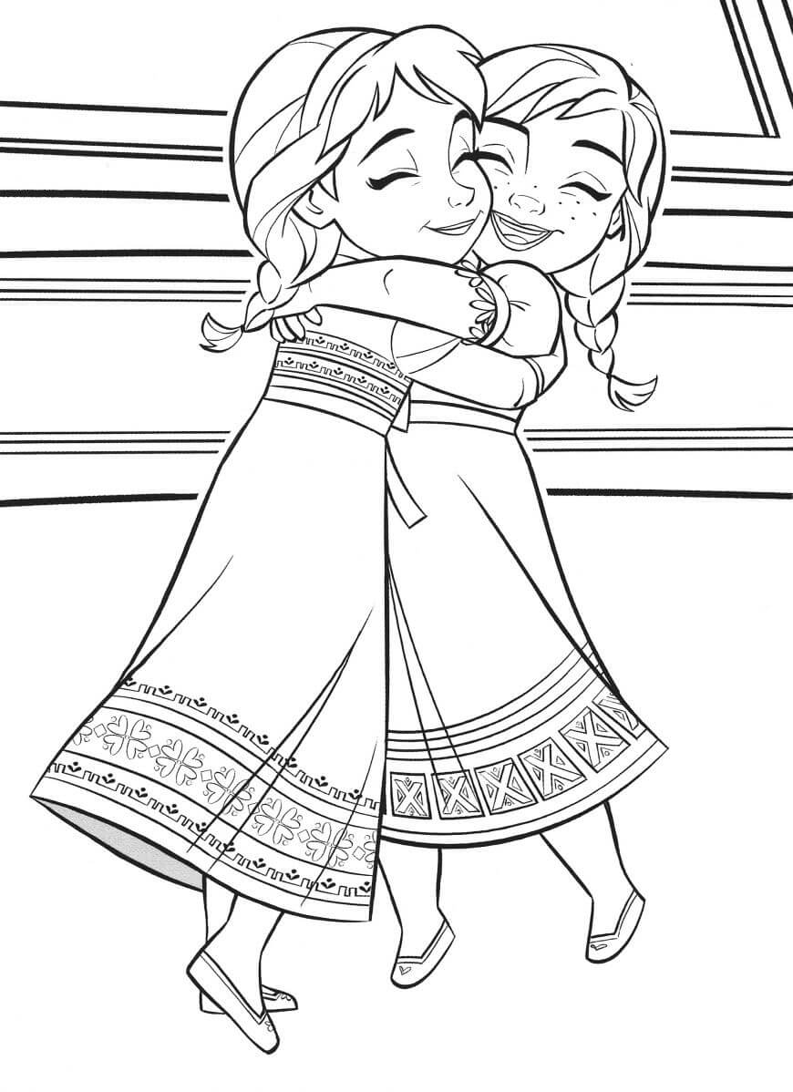 Pequena Elsa e Anna se Abraçam em Frozen para colorir