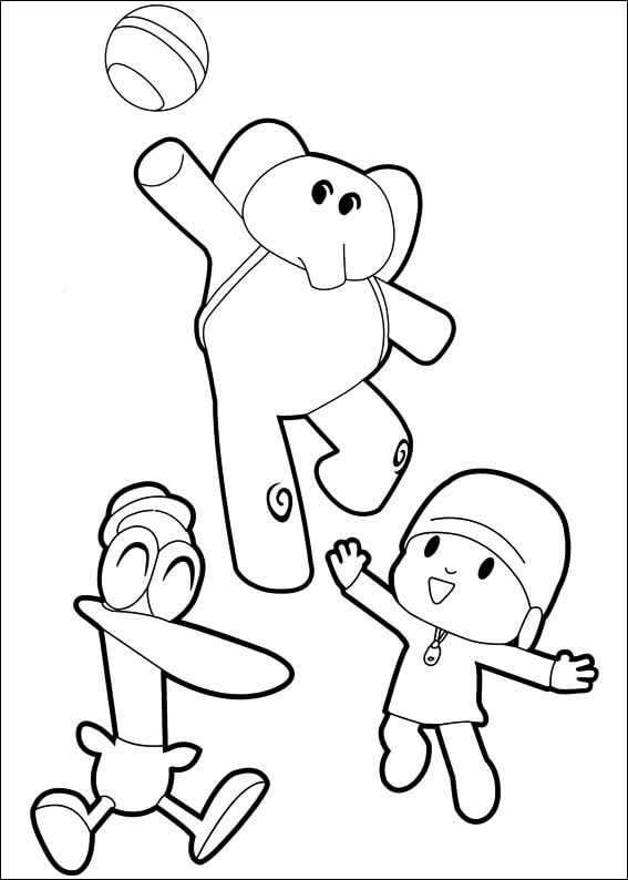 Desenhos de Pocoyo e Amigos Brincam com a Bola para colorir