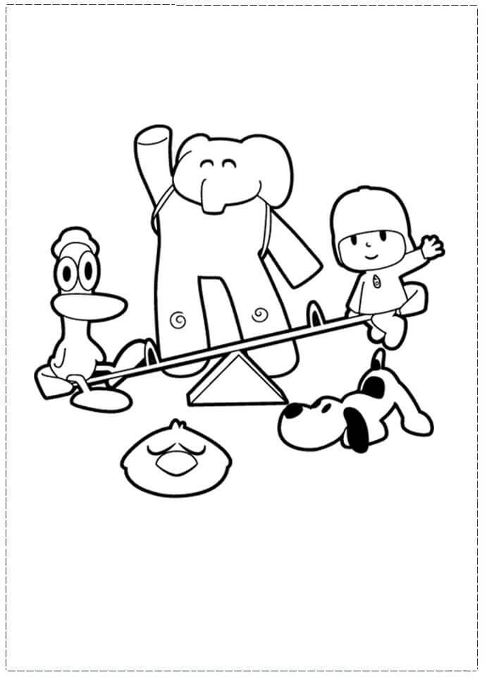 Desenhos de Pocoyo e amigos Brincando de Gangorra para colorir