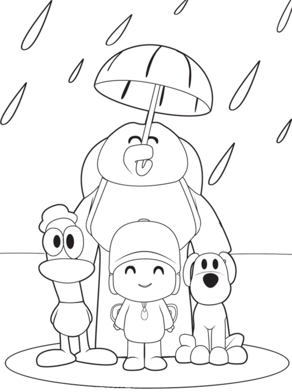 Pocoyo e amigos em pé na Chuva para colorir