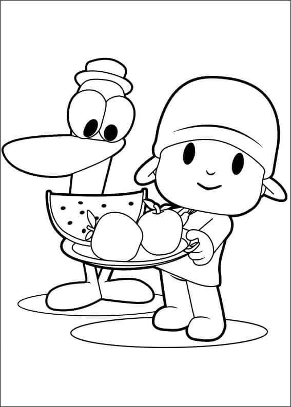 Desenhos de Pocoyo e Pato Segurando a Fruteira para colorir