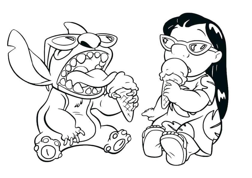 Desenhos de Stitch e Lilo Comendo Sorvete para colorir