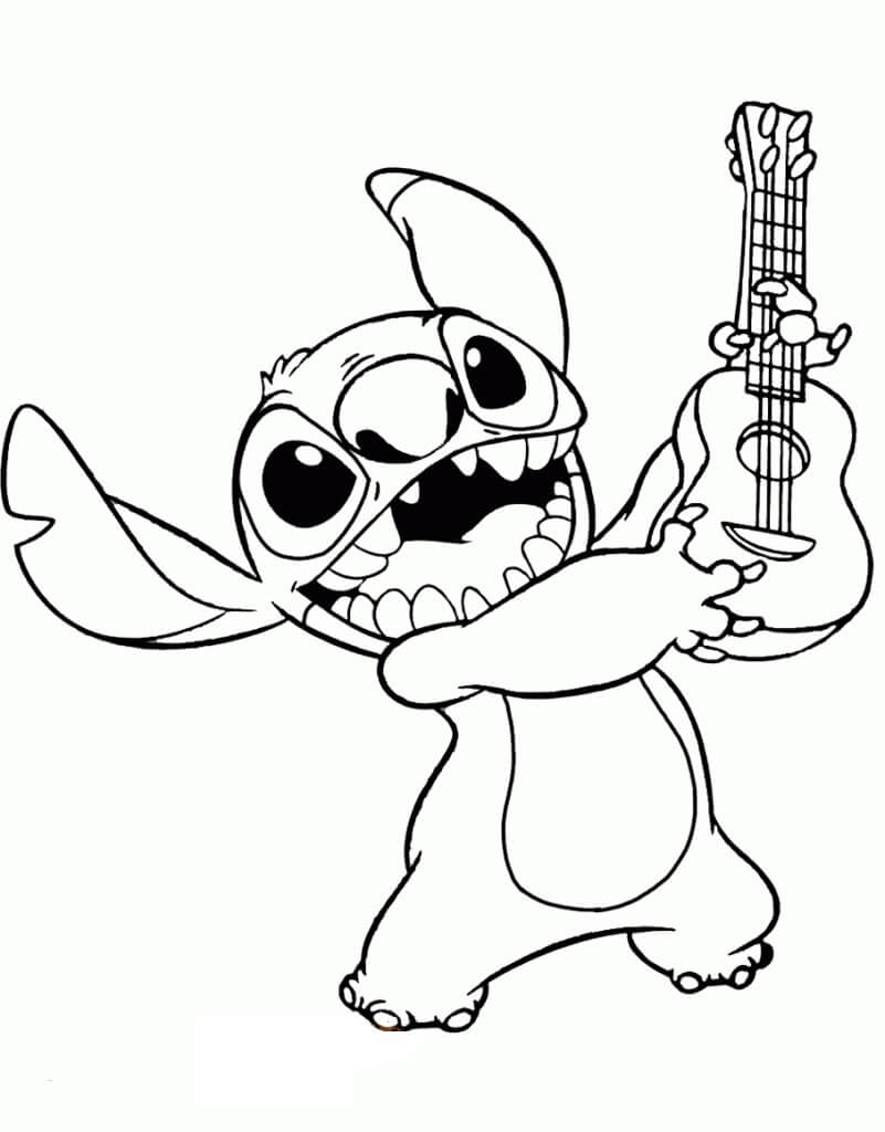 Desenhos de Stitch segurando Guitarra para colorir