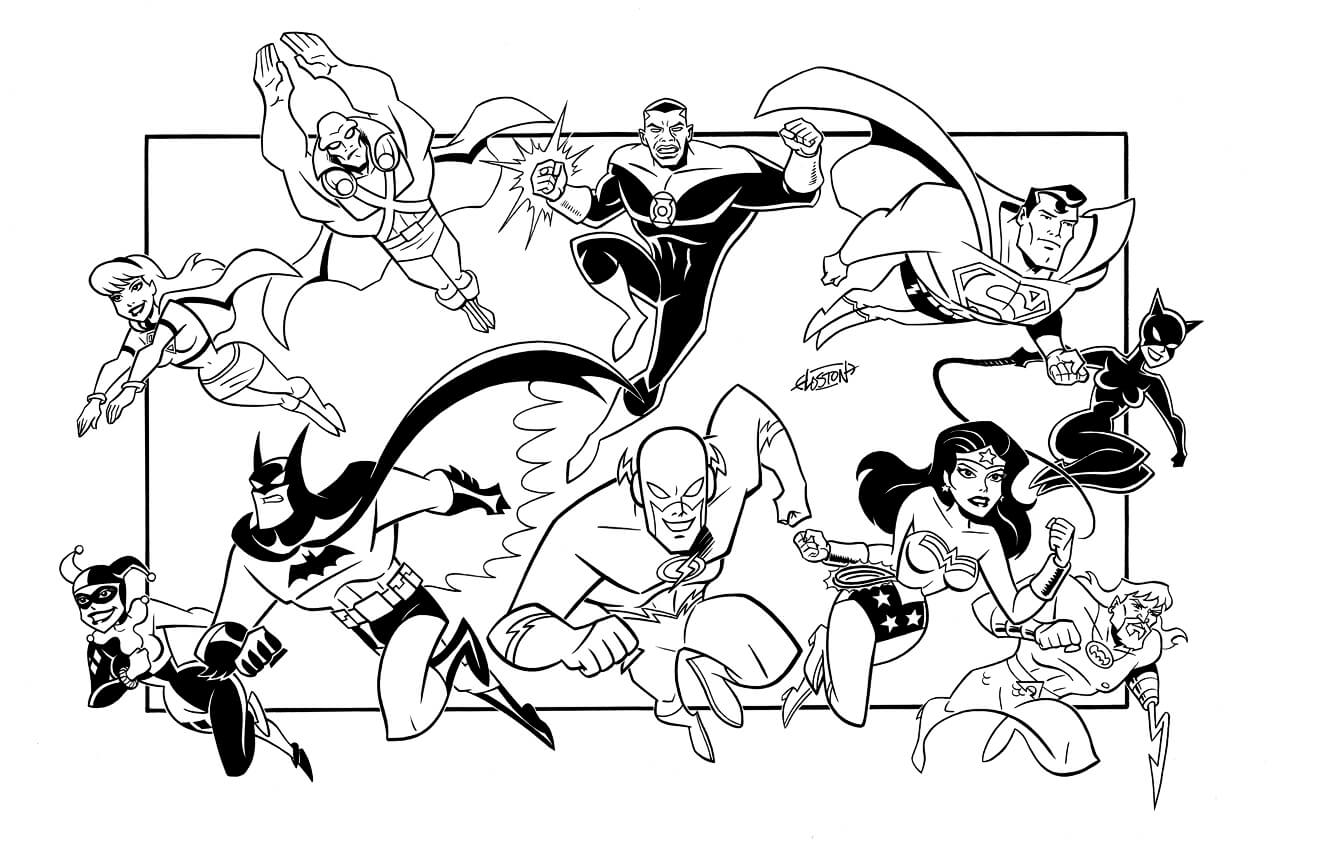 Desenhos de Todos os personagens da Dc Comics Lutando para colorir