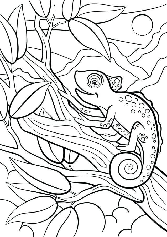 Desenhos de Camaleão divertido na Árvore para colorir
