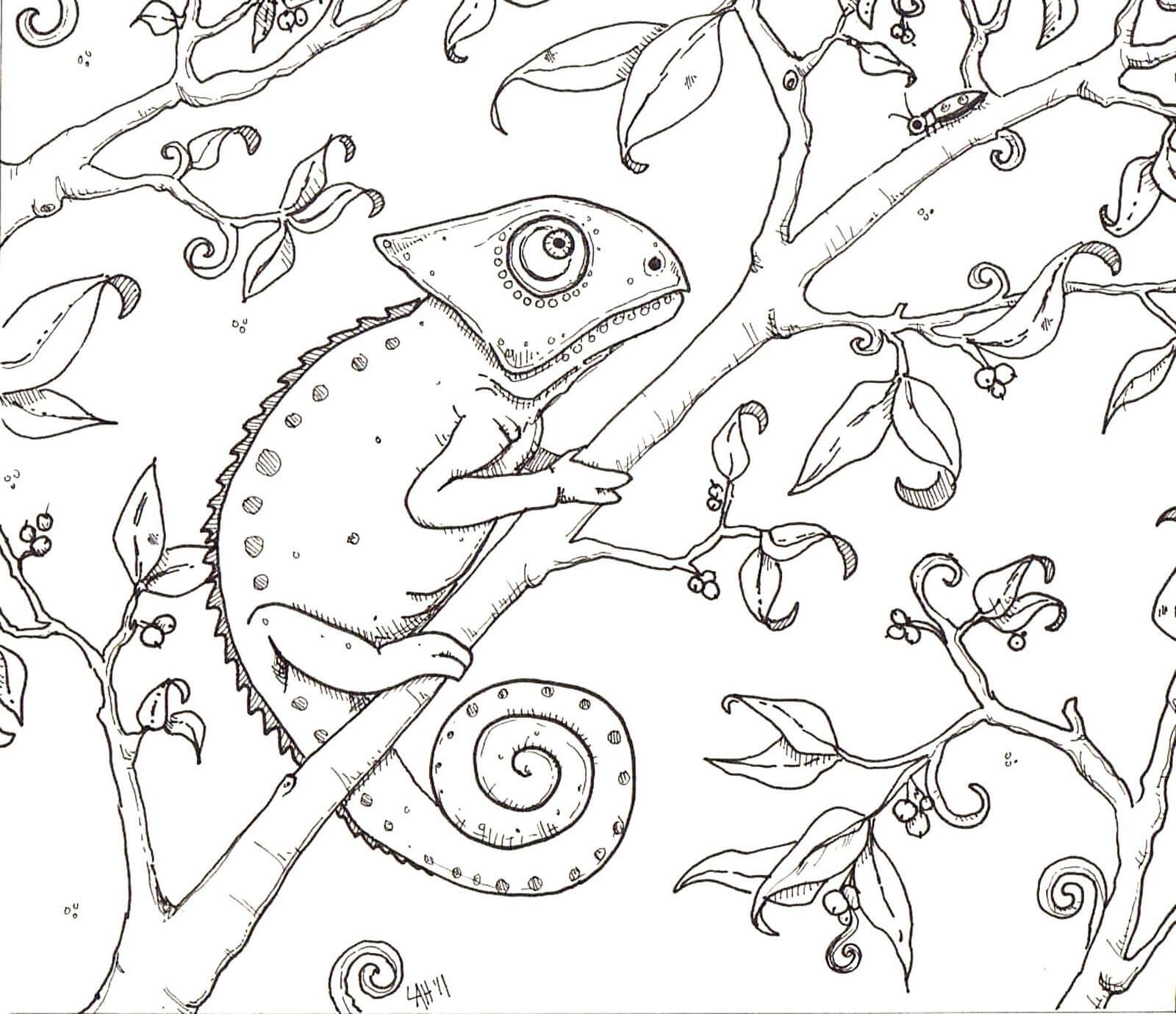 Desenhos de Camaleão na Árvore para colorir