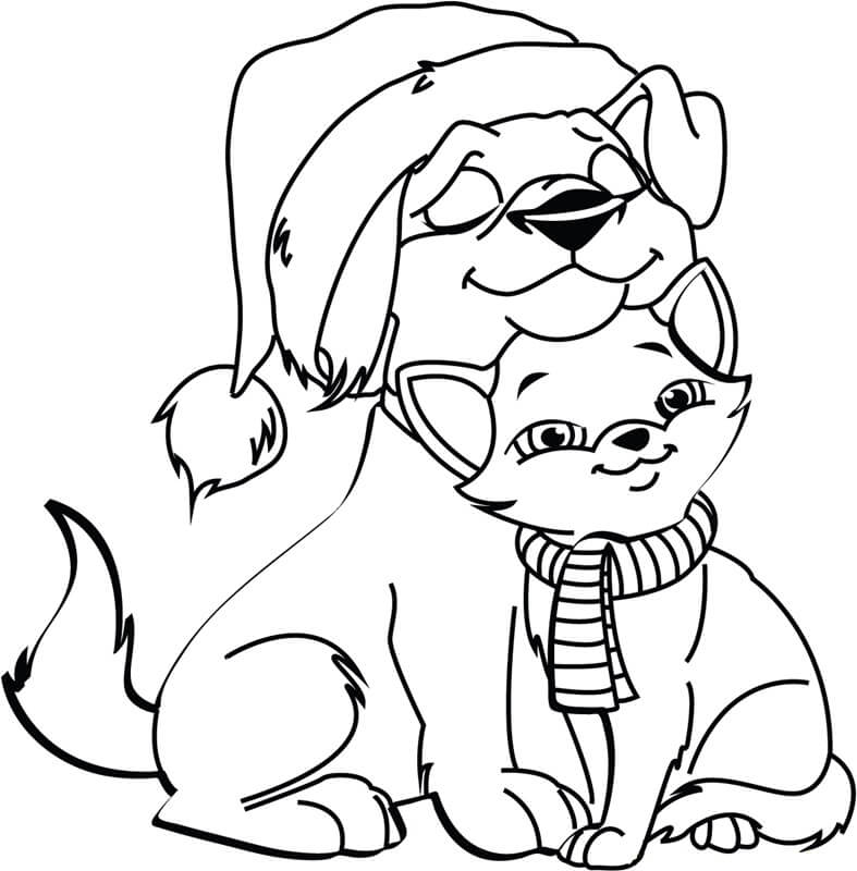 Desenhos de Cão e gato no Natal para colorir