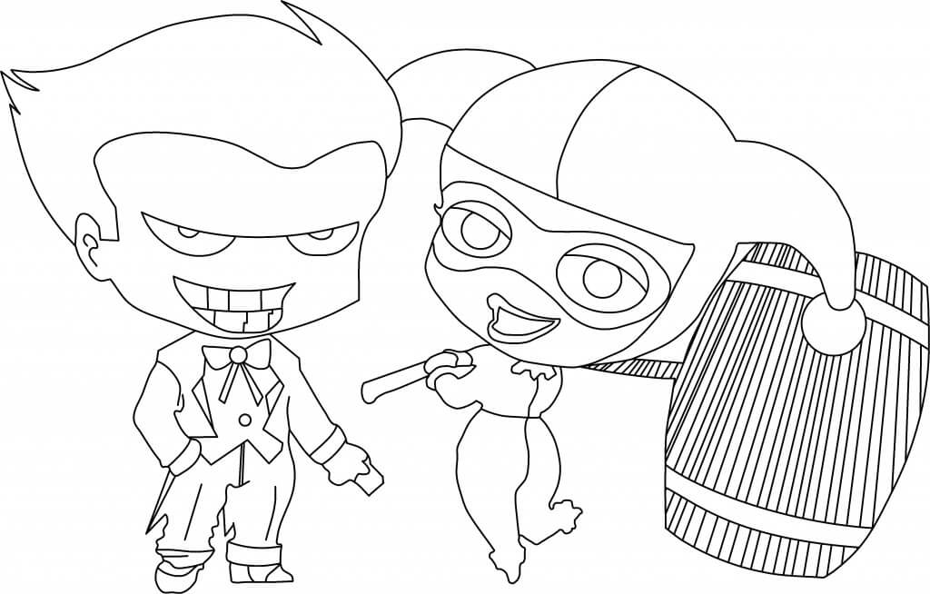 Desenhos de Chibi Joker e Chibi Harley Quinn segurando um Martelo para colorir