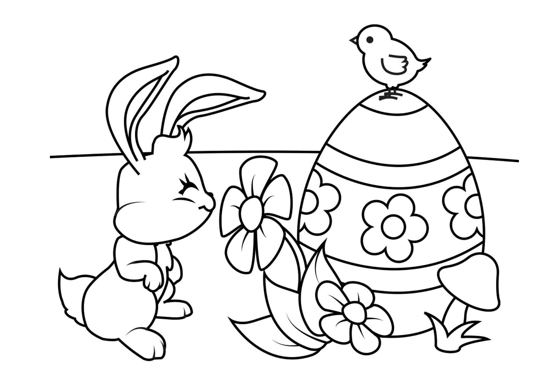 Desenhos de Coelho e pintinho no ovo de Páscoa para colorir