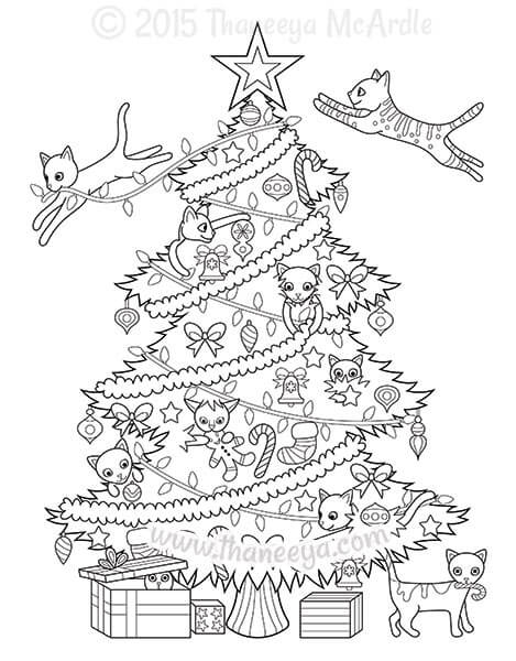 Desenhos de Gatinhos com árvore de Natal para colorir