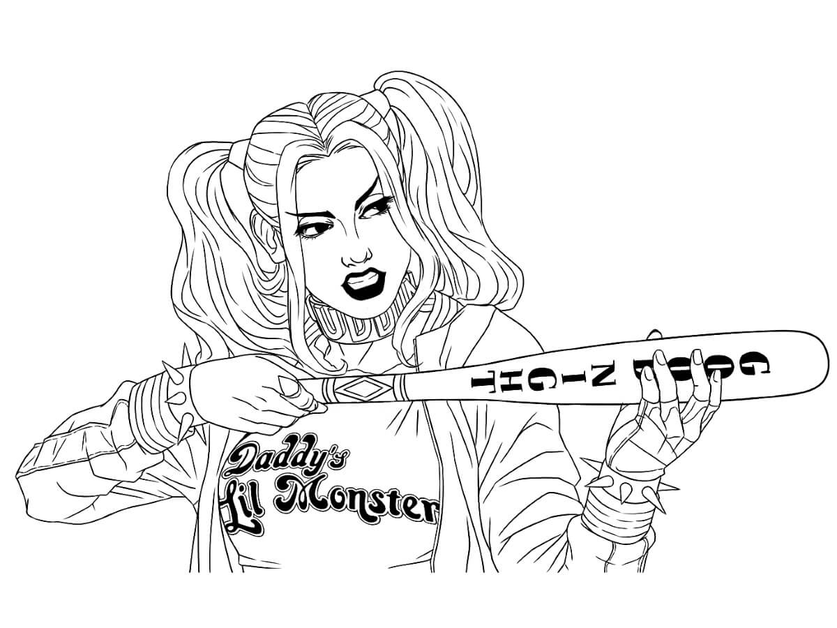 Desenhos de Harley Quinn Segurando um taco de Beisebol para colorir