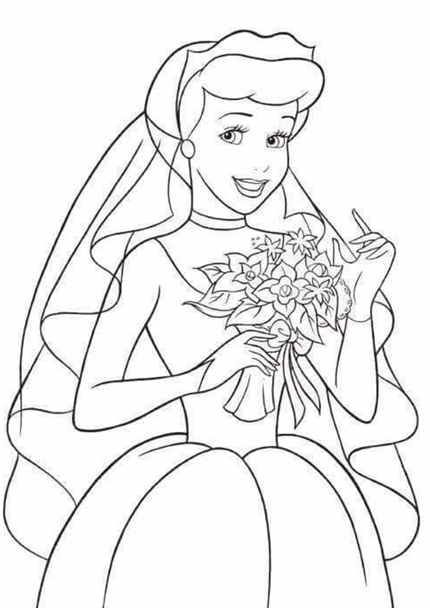 Noiva Cinderela com Buquê de Flores para colorir