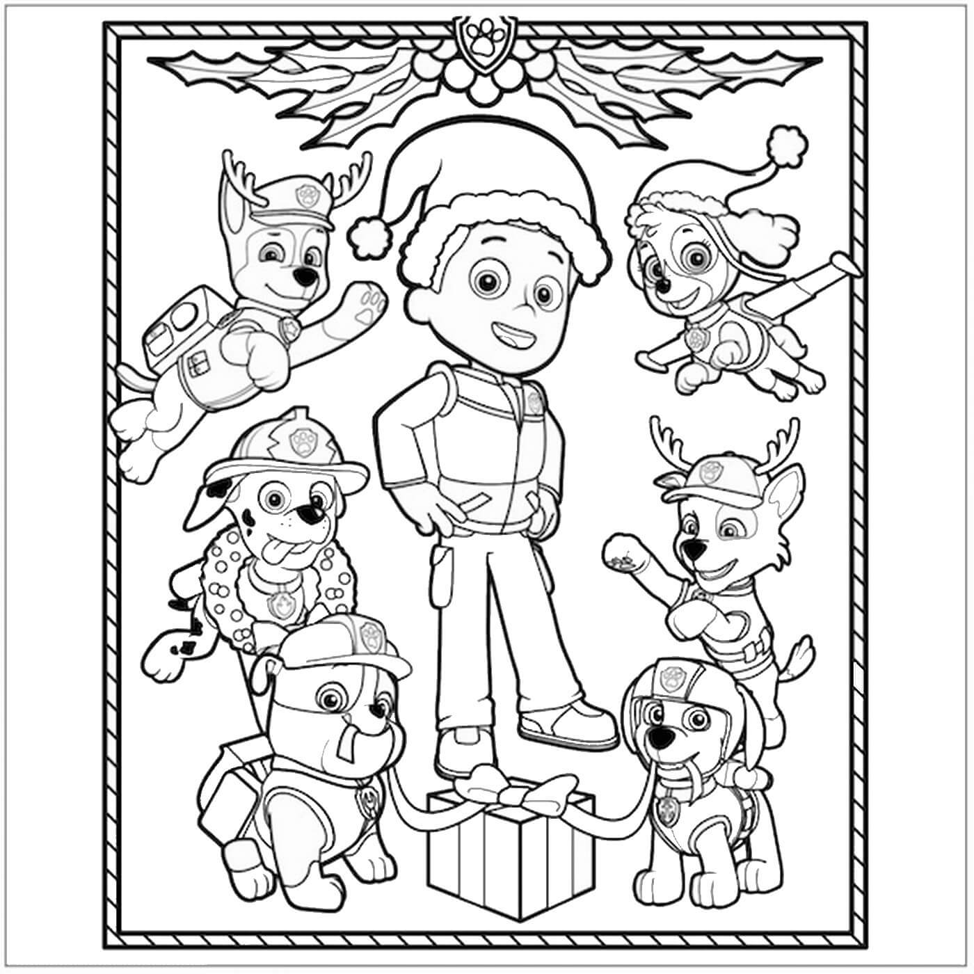 Desenhos de Ryder e seis Patrulhas de Animais de Estimação no Natal para colorir