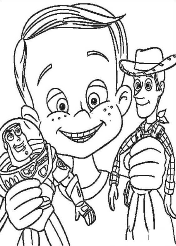 Sid segurando Woody e Buzz Lightyear para colorir