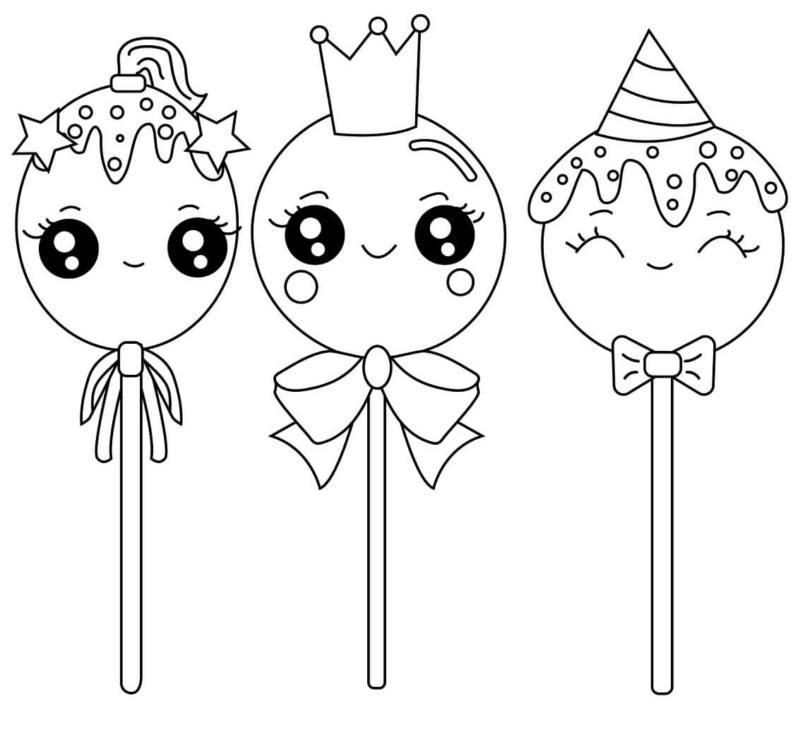 Três doces de Desenho Animado Fofos para colorir