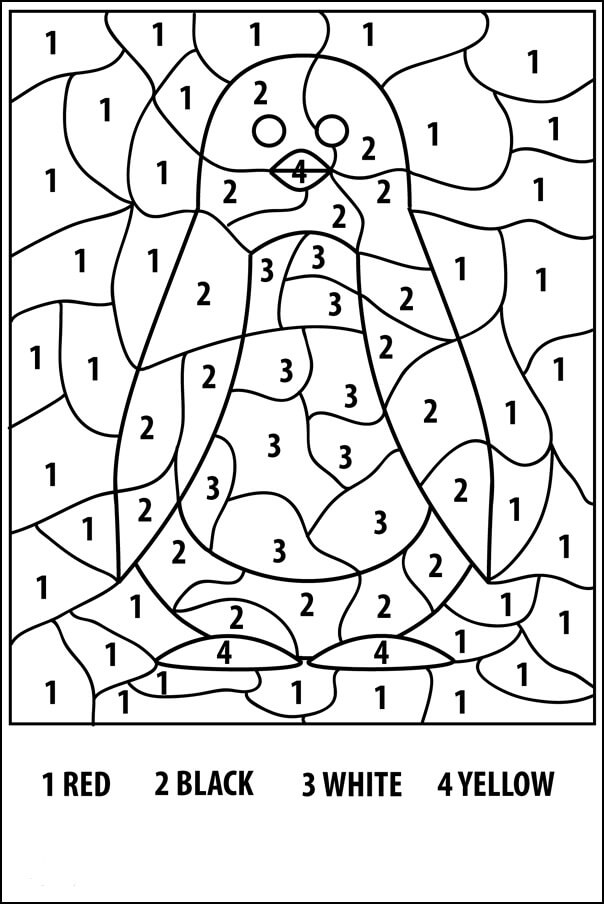 Desenhos de Cores básicas do Pinguim por Número para colorir