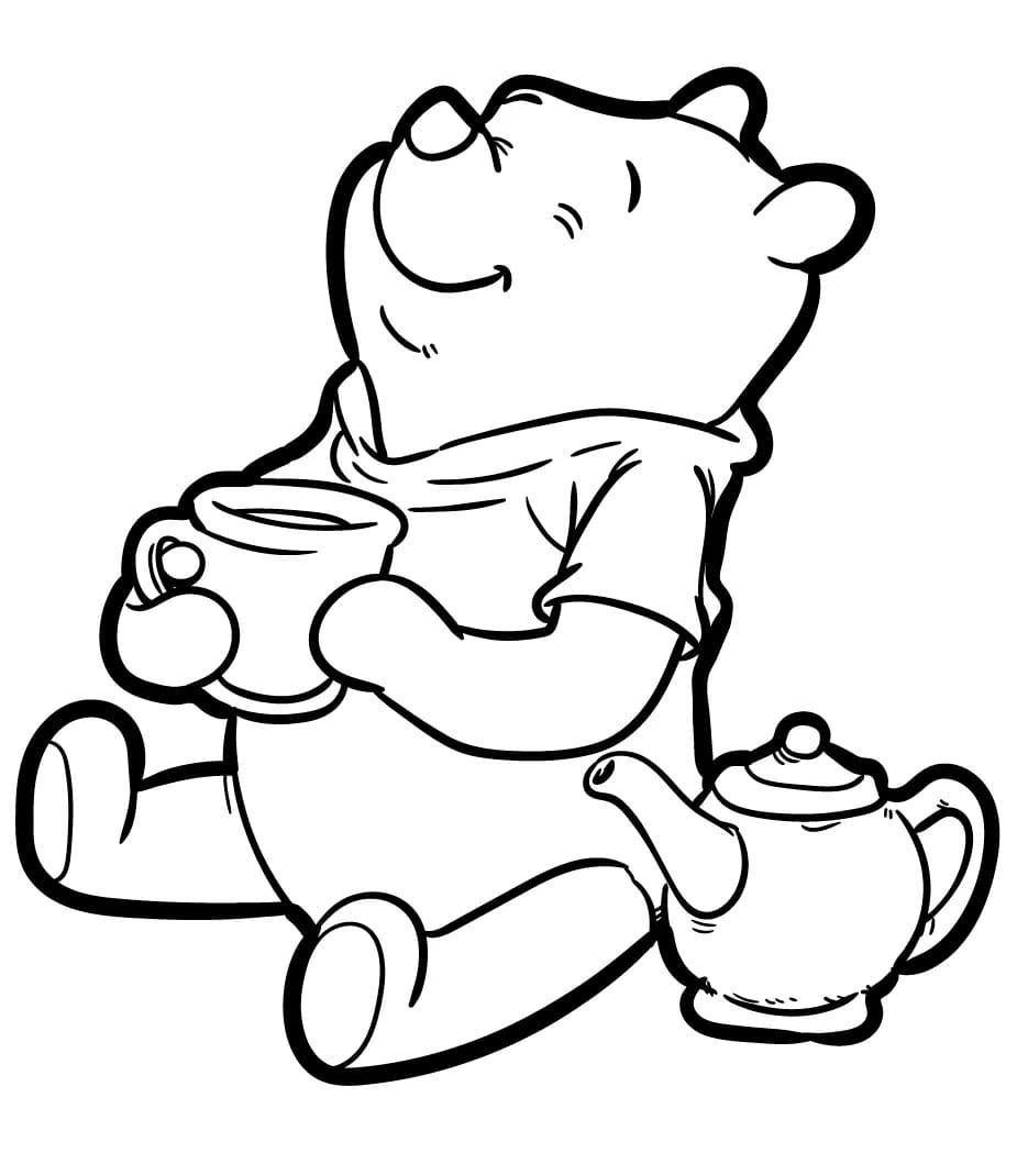 Desenhos de Desenhe o Ursinho Pooh Tomando Chá para colorir