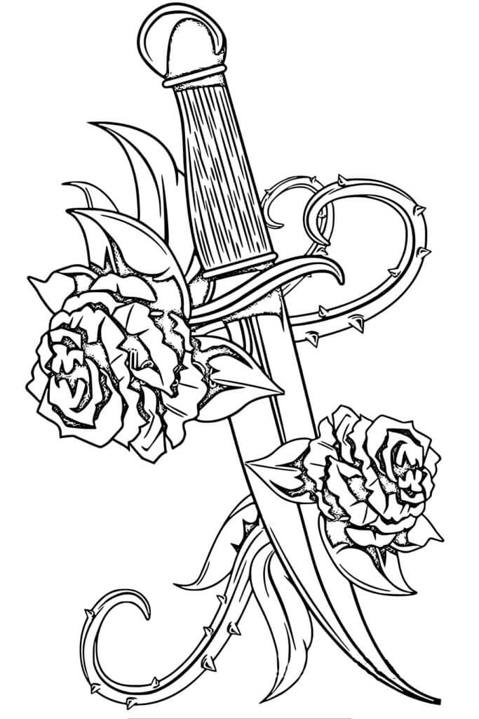 Desenhos de Faca de Tatuagem com Rosas para colorir
