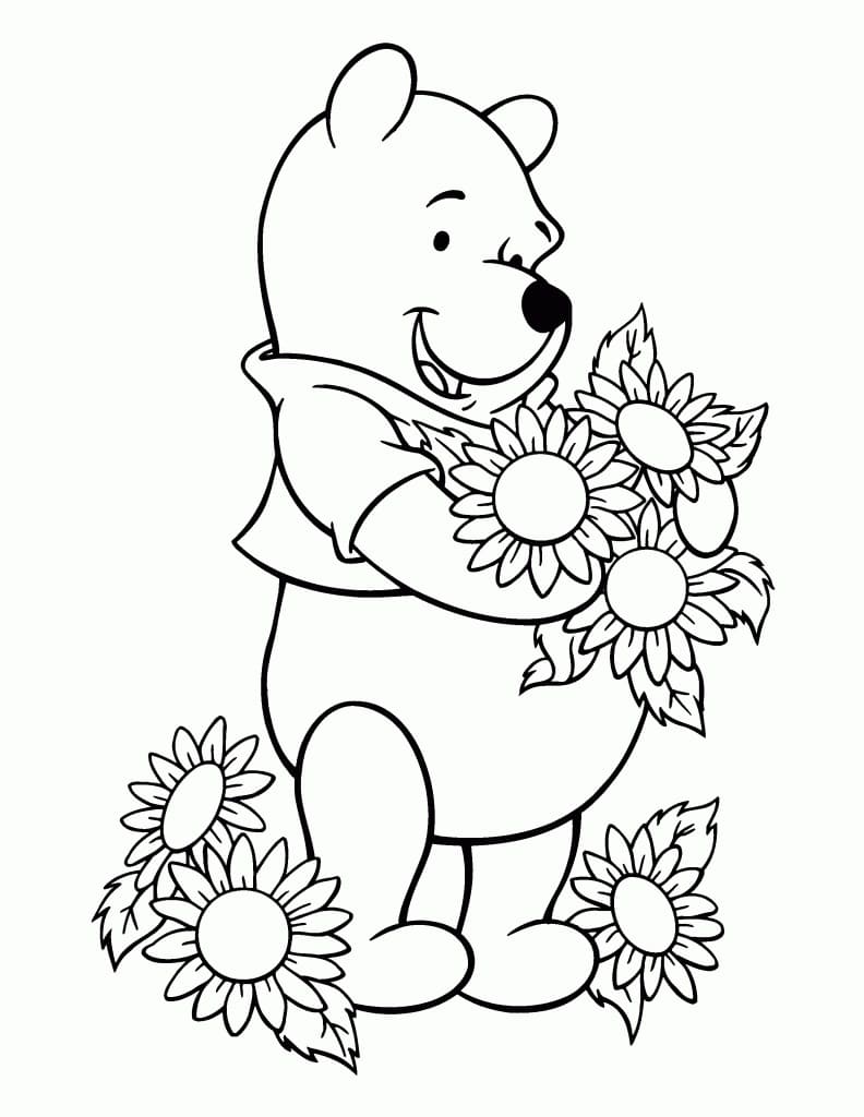 Desenhos de Ursinho Pooh com flores para colorir