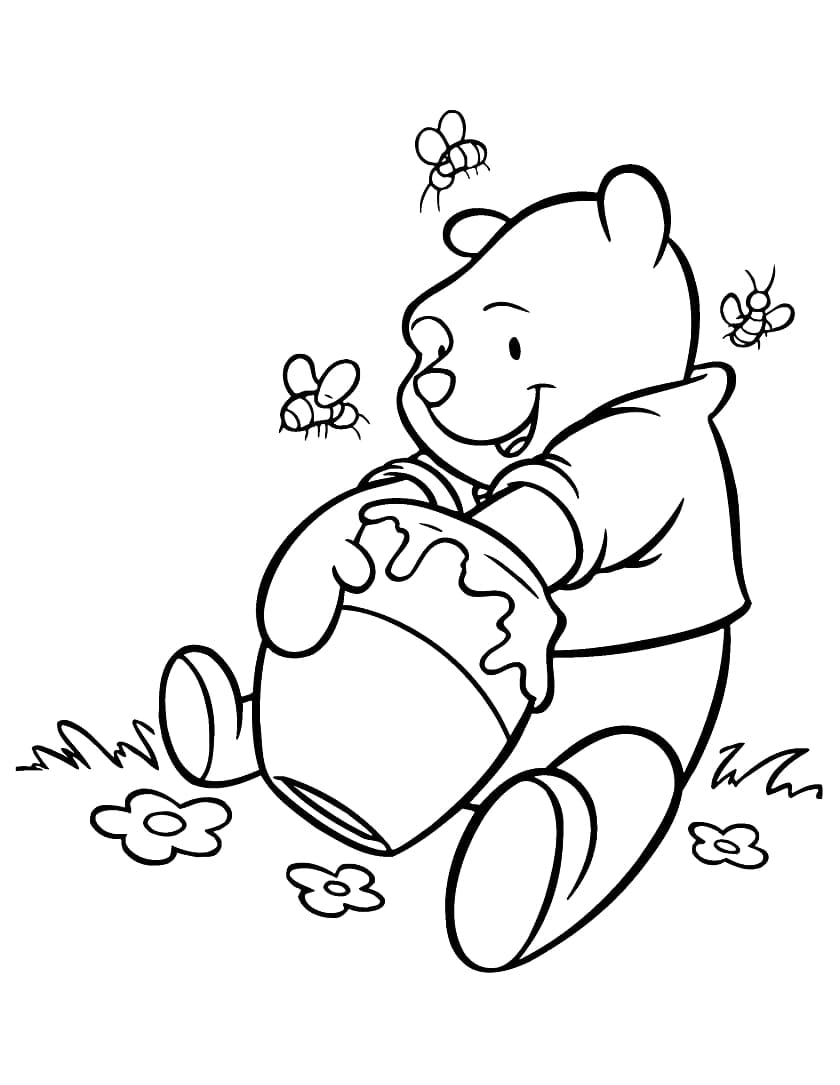 Desenhos de Ursinho Pooh com pote de mel para colorir