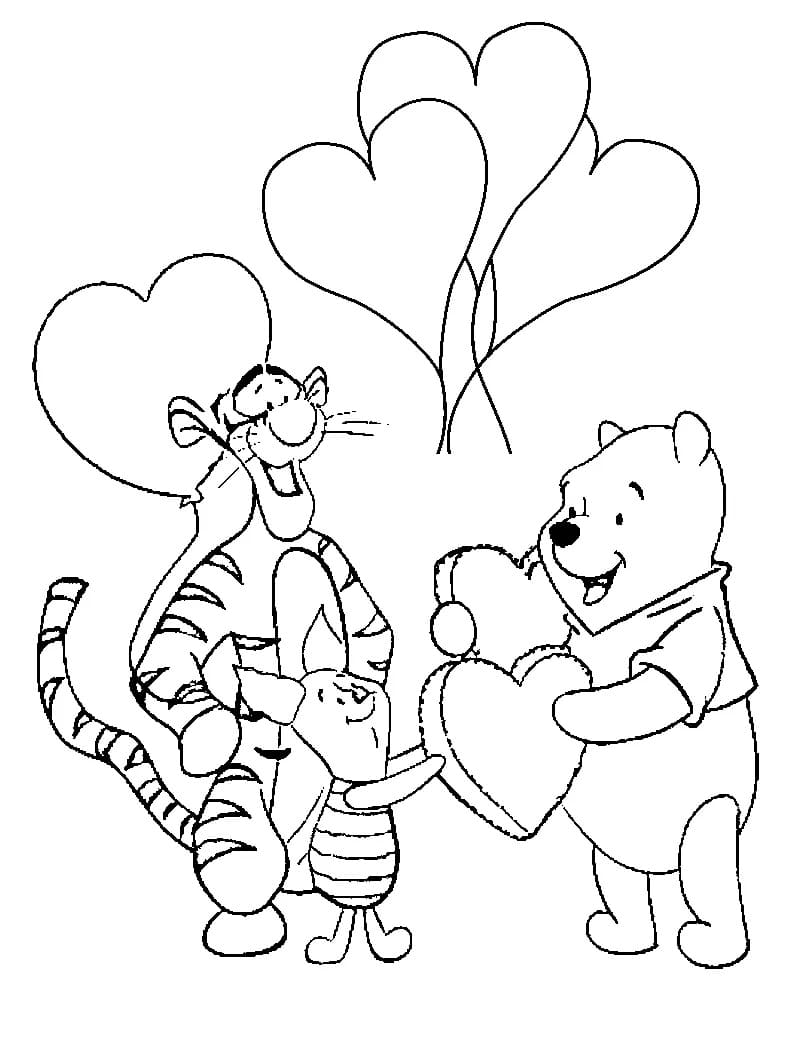 Desenhos de Ursinho Pooh no Dia dos Namorados para colorir