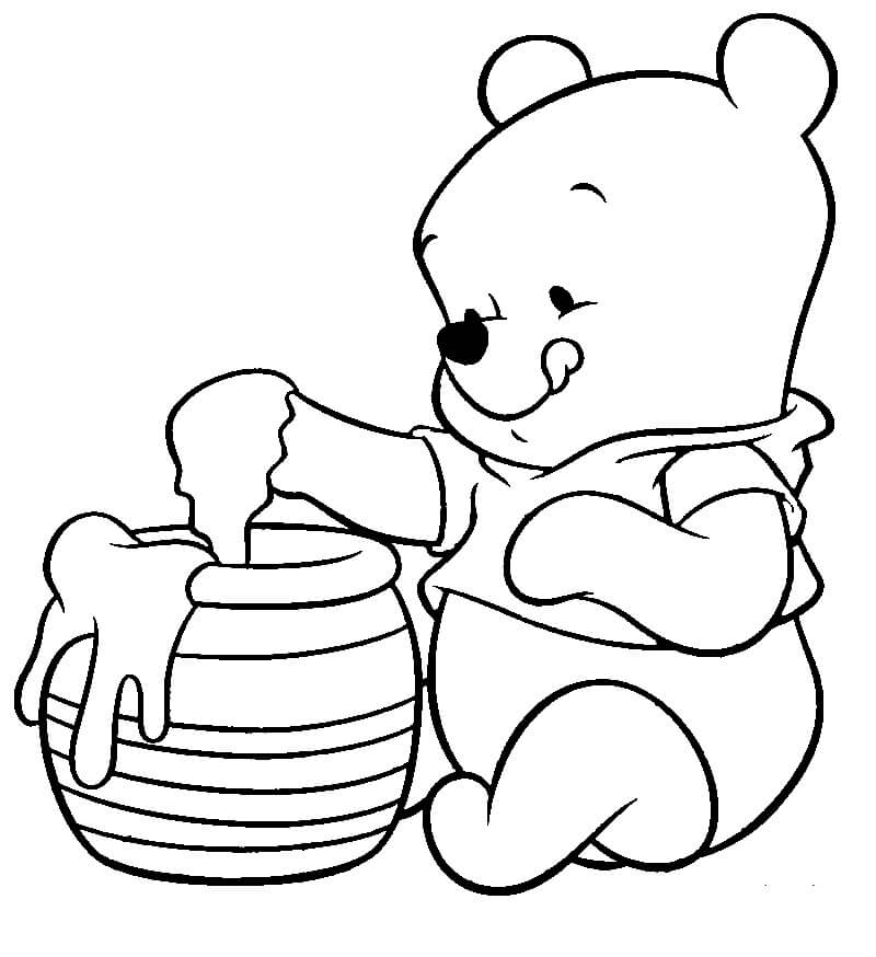 Bebê Ursinho Pooh e o Pote de Mel para colorir