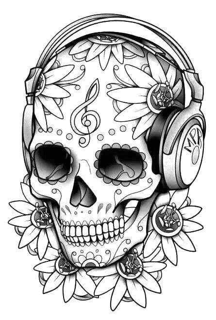 Desenhos de Crânios ouvindo Música e Girassol para colorir