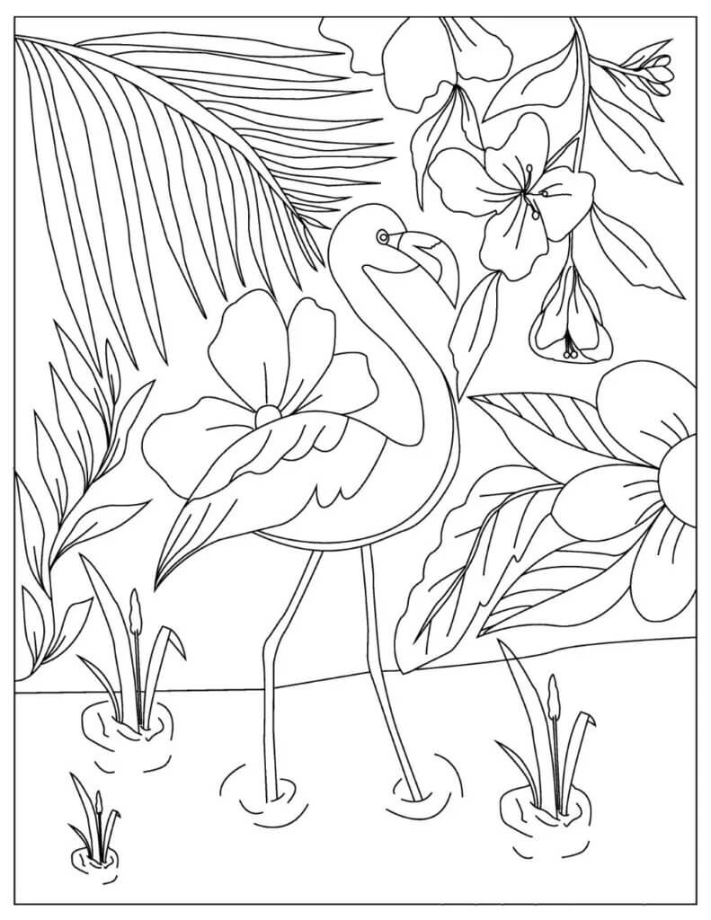 Desenhos de Flamingo com Flores e Folhas para colorir