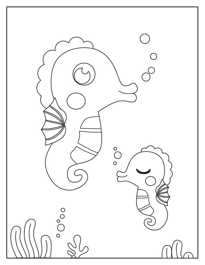 Mãe Cavalo-marinho com bebê Cavalo-marinho para colorir