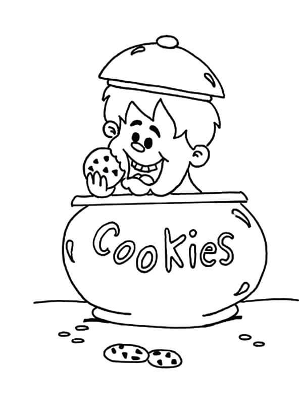 Menino Comendo Biscoito no Pote de Biscoitos para colorir